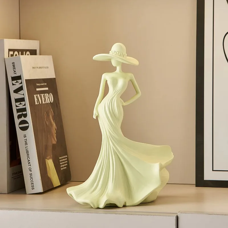 Cream Color Lady In Dress Sculpture Ornament Minimalist Modern Home Living Room Table Decor With Wide-Brimmed Hat Detail