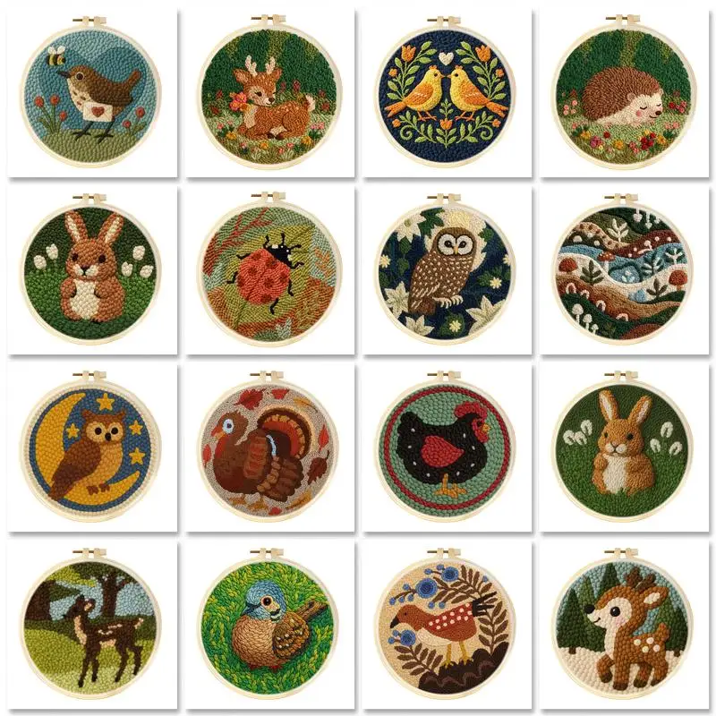 GATYZTORY 20X20cm Punch Needle Kit with Embroidery Frame Cat Birds Funny DIY Punch Needle Starter Set for Beginner Sewing Craft
