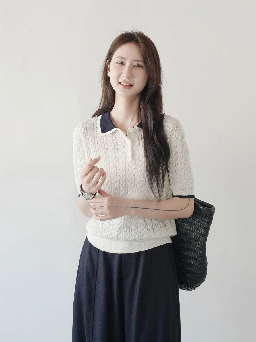 

Summer 2026 College Style Color Block Knitted Neck Sweater Women's Short Sleeve Slimming Meat Covering Turn Collar Top