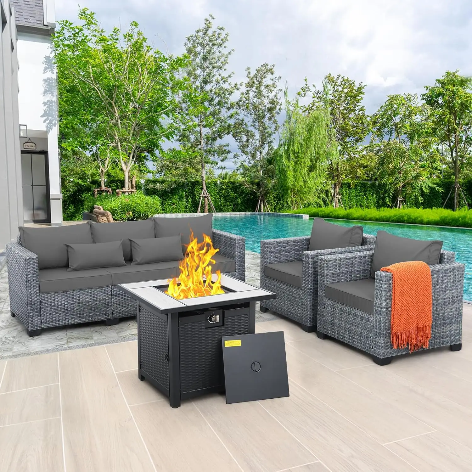 4 Piece Wicker Patio Furniture Sets Outdoor Conversation Set PE Rattan Sectional Sofa Couch with Fire Pit Table and Grey