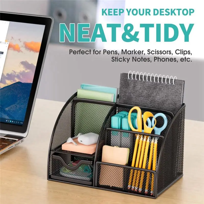 A01E-Desktop Organizer, 6 Compartment Pen Holder And Organizer, 1 Drawer, Metal Grid Black Desktop Organizer