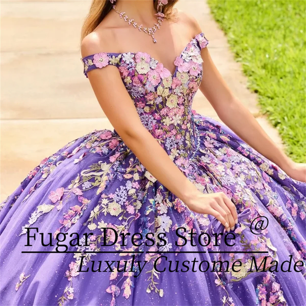 Lavender Shiny Quinceanera Dress Off The Shoulder Appliques Lace Tull Cut-Out Beads Sequin For 15 Girls Ball Formal Gowns