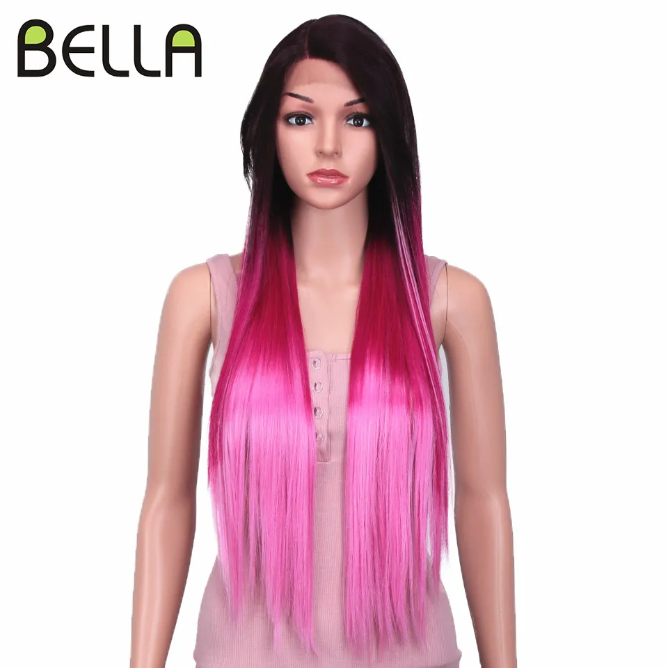 

Женский синтетический парик Bella Lace Wig, длинный прямой парик длиной 30 дюймов, розовый термостойкий, с эффектом омбре, с боковой частью, парики на сетке для женщин