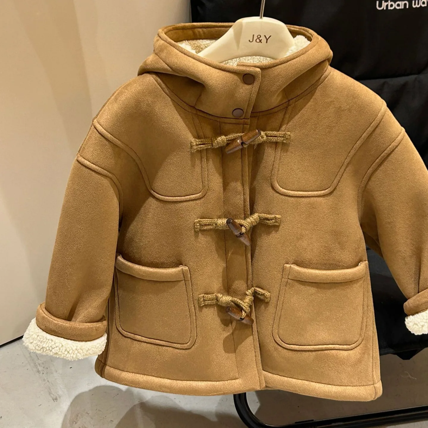 

Baby Girls Khaki Fleece Thick Coat Children 2024 New Autumn Winter Fashion Simple Casual Warm Wool Coat Korean Simple Style