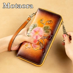 MOTAORA-cartera de piel auténtica para mujer, billetera larga hecha a mano con relieve, tarjetero de flores, Clip de dinero Vintage