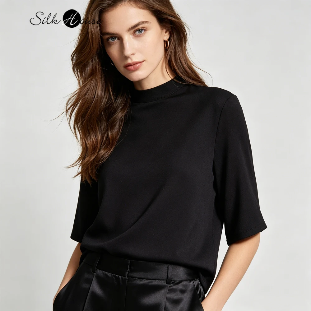 

2026 Women's Fashion Summer Clothing 100% Natural Mulberry Silk Jacquard Satin Black Maze Grid Stand Collar Half Sleeve T-shirt