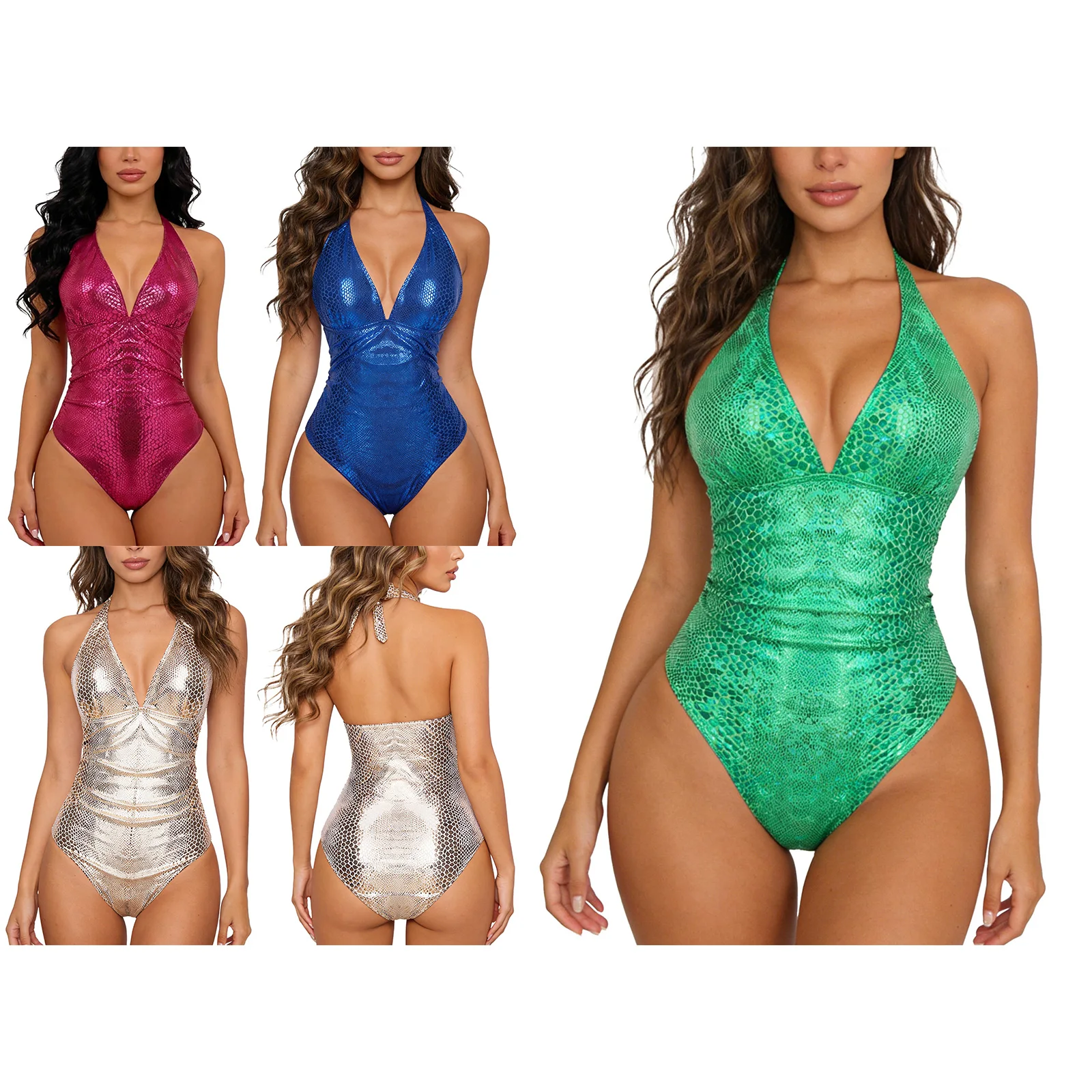 

Womens One Piece Swimsuit Snake-Skin Pattern Metallic Lace-up Halter V Neck Ruched Bathing Suit for Pool Party Sunbathing