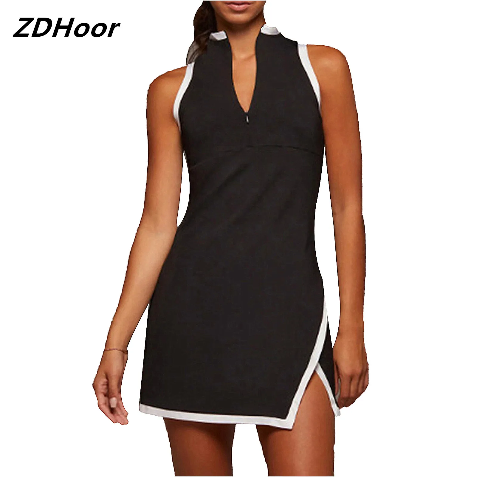 Women Golf Tennis Gym Dress Mock Neck Sleeveless Side Split Above Knee Length Dress Workout Dress Athletic Dress