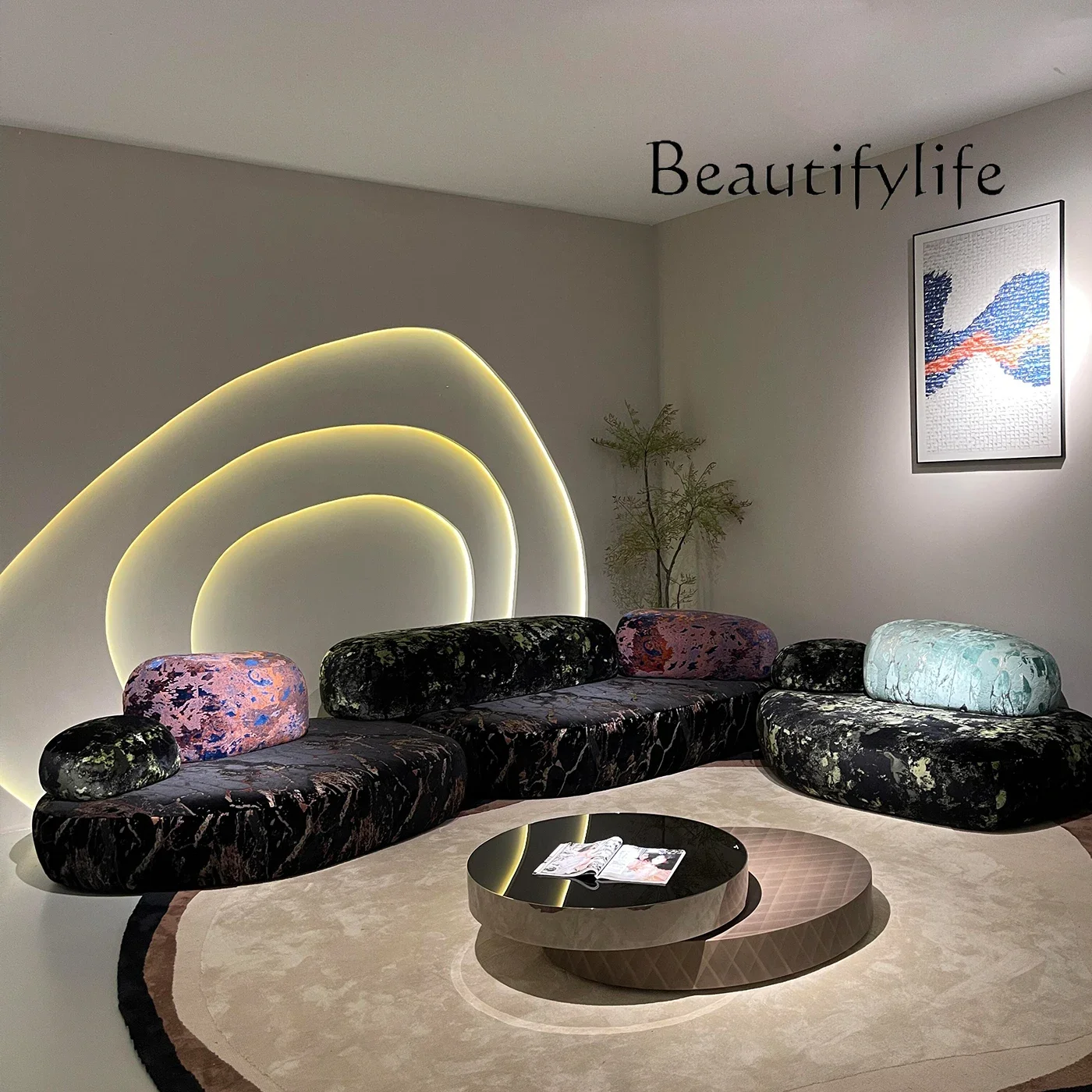 

J Pebble High-end Mountains And Rivers Cut Fleece Fabric Sofa Color Special-shaped Creative Designer Curved Stone Module Hotel