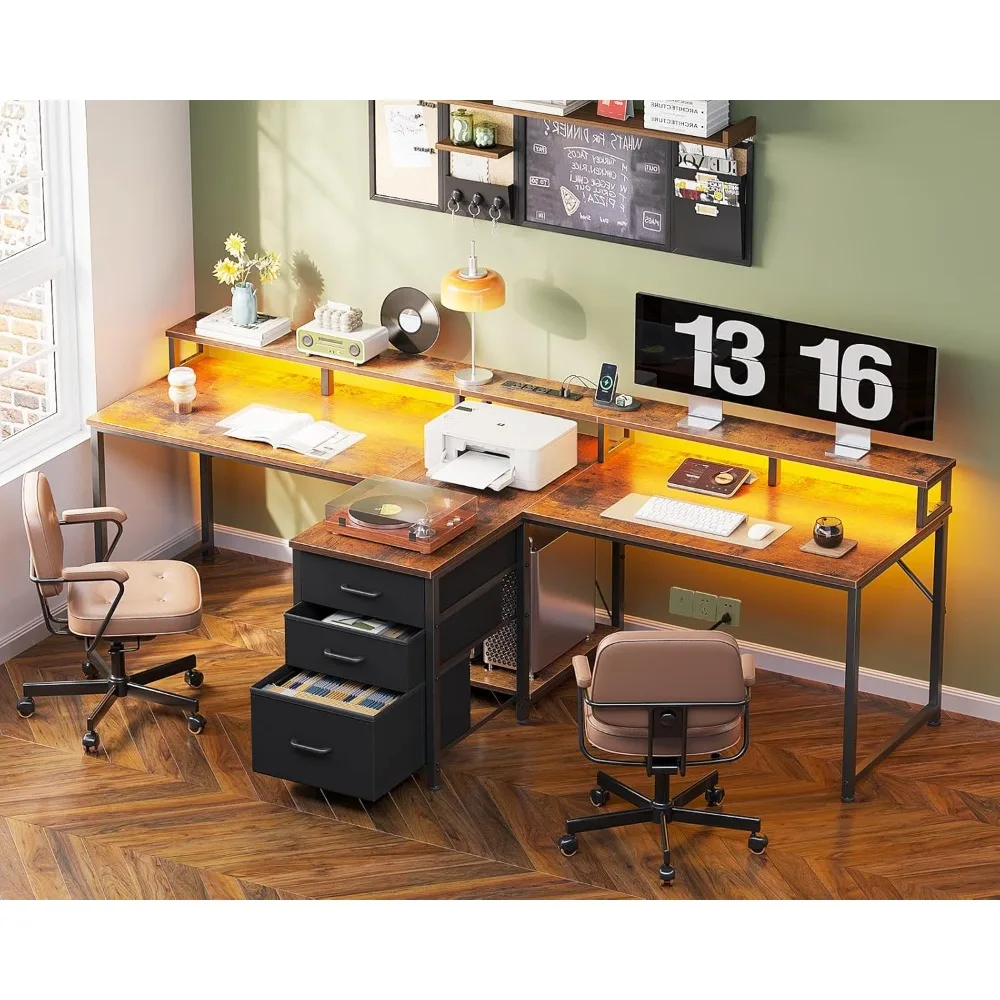 94" Computer Desk with Fabric Drawer & File Cabinet- 2 Person Home Office Desk with Power Outlet & LED Light, Long Writing Desk