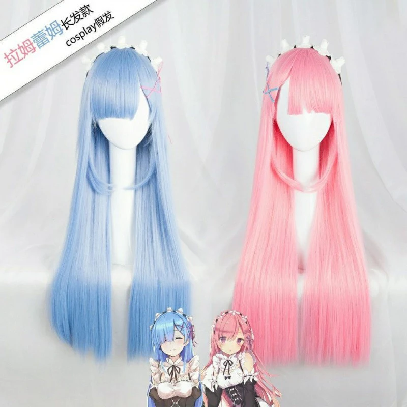 Wig Cosplay Ram Rem Blue Pink Straight Long Hair High-temperature Silk Anime From Scratch Full Wigs Festival Party Daily Wear
