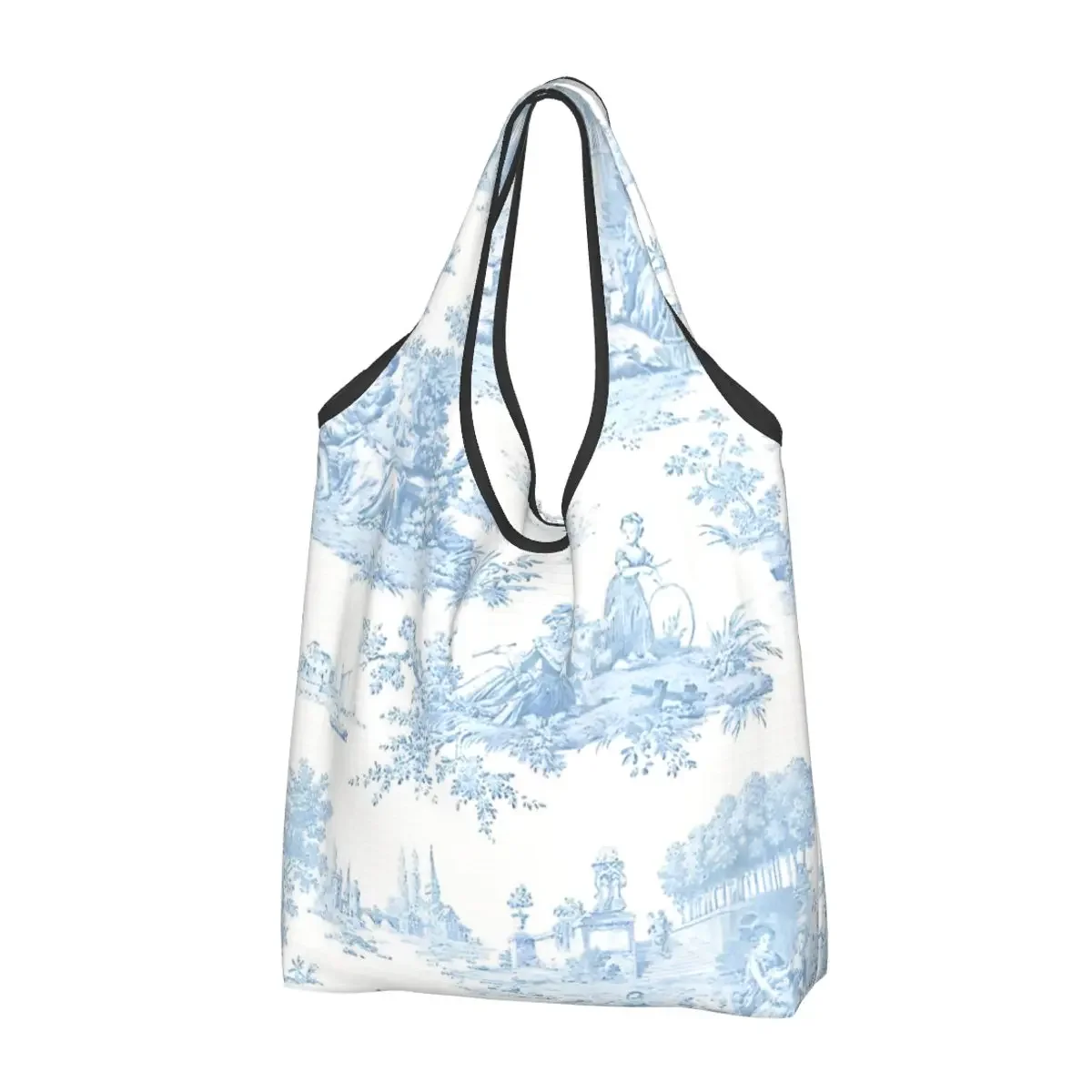 Blue  French Landscape Reusable Shopping Grocery Bags Foldable 50LB Weight Capacity Toile De Jouy Eco Bag Eco-Friendly Durable