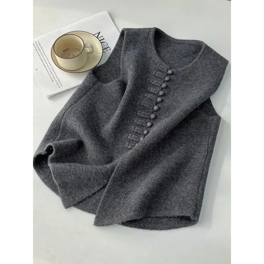 Cardigan tendance sans manches, gilet, nouveau printemps automne, Vintage, col rond, boutons solides, tricoté, vêtements pour femmes, hauts basiques