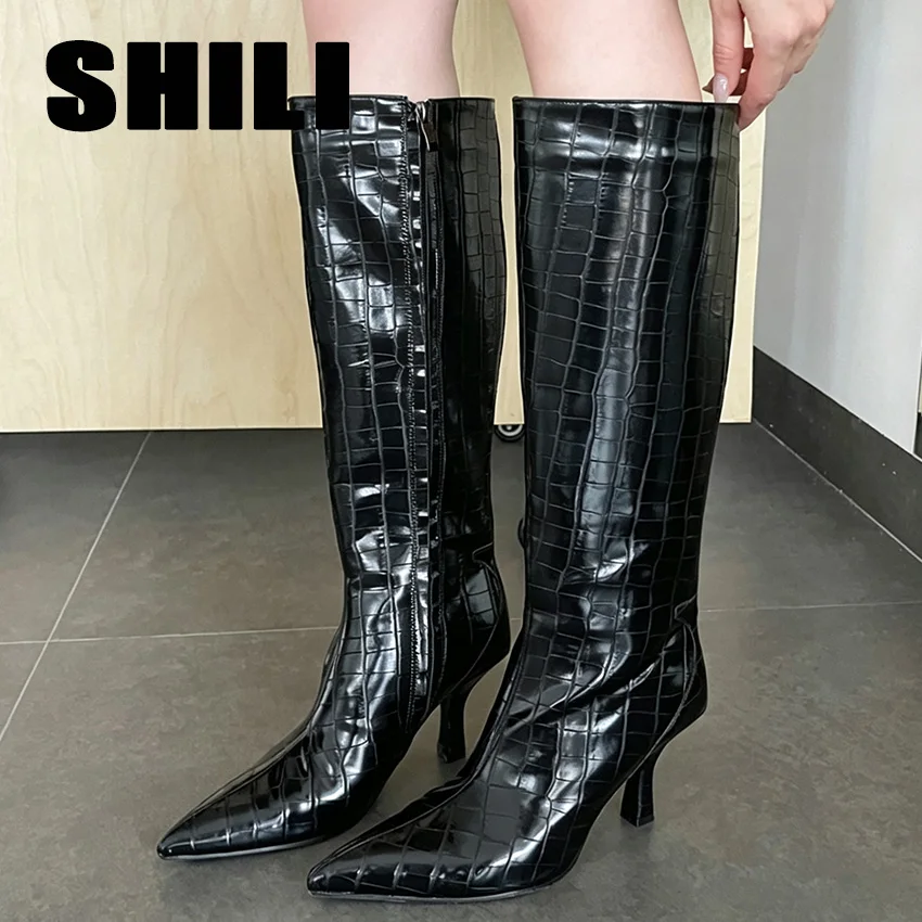 Sexy Lady Black Knee High Boots for Woman Pointed Toe Stiletto Heels Crocodile Pattern Side Zipper Slim Long Botas Fashion 2027