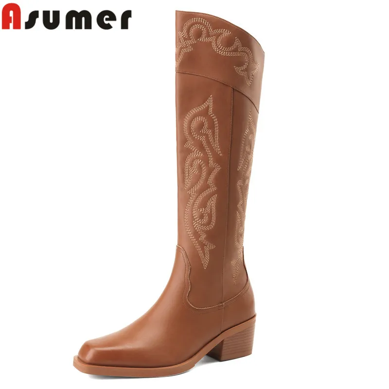 ASUMER 2024 New Embroider Genuine Leather Knee High Boots Square Toe Platform Winter Boots Fashion Square Med Heels Zipper Boots