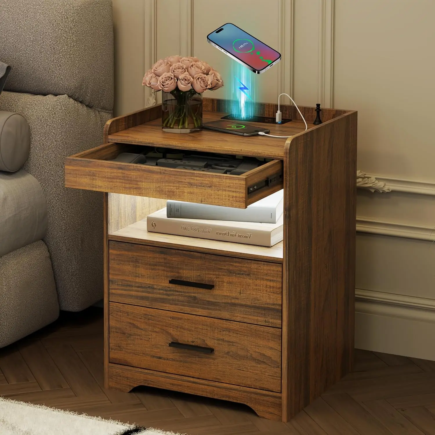 Dnbss Nightstand With Lockable Gun Drawer, Bedside Table With Charging Station, Usb & Type-C Port, Modern Night Stand With Led