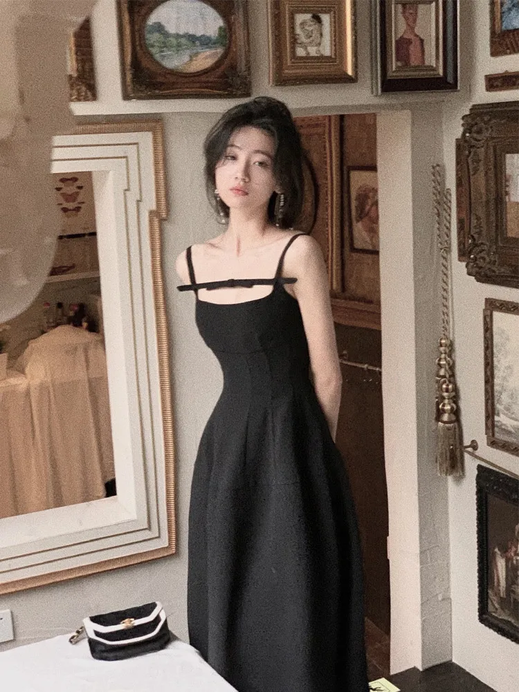 Bla  Knot Strap Dr Women's Summer High-End Design Sensation ature Long Skirt Retro Sle Zipper High Waist ...
