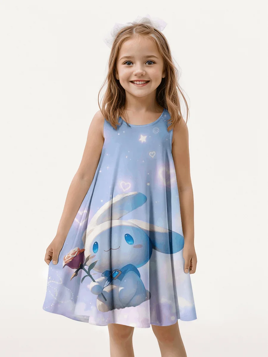 

MINISO Ani Cartoon New Summer 2025 Girl Dress Cinnamoroll Cute 3D Print Children's Clothing Fashion Princess Comfortable Top