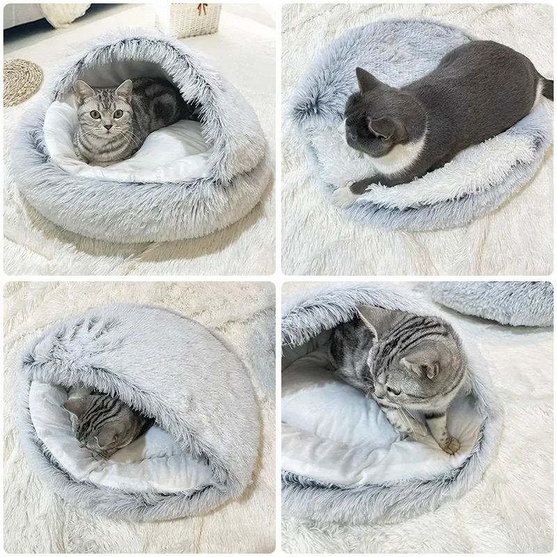 Winter Long Plush Pet Cat Bed Round Cat Cushion Cat House 2 in 1 Warm Cat Basket Cat Sleep Bag Cat Nest Kennel for Small Dog Cat