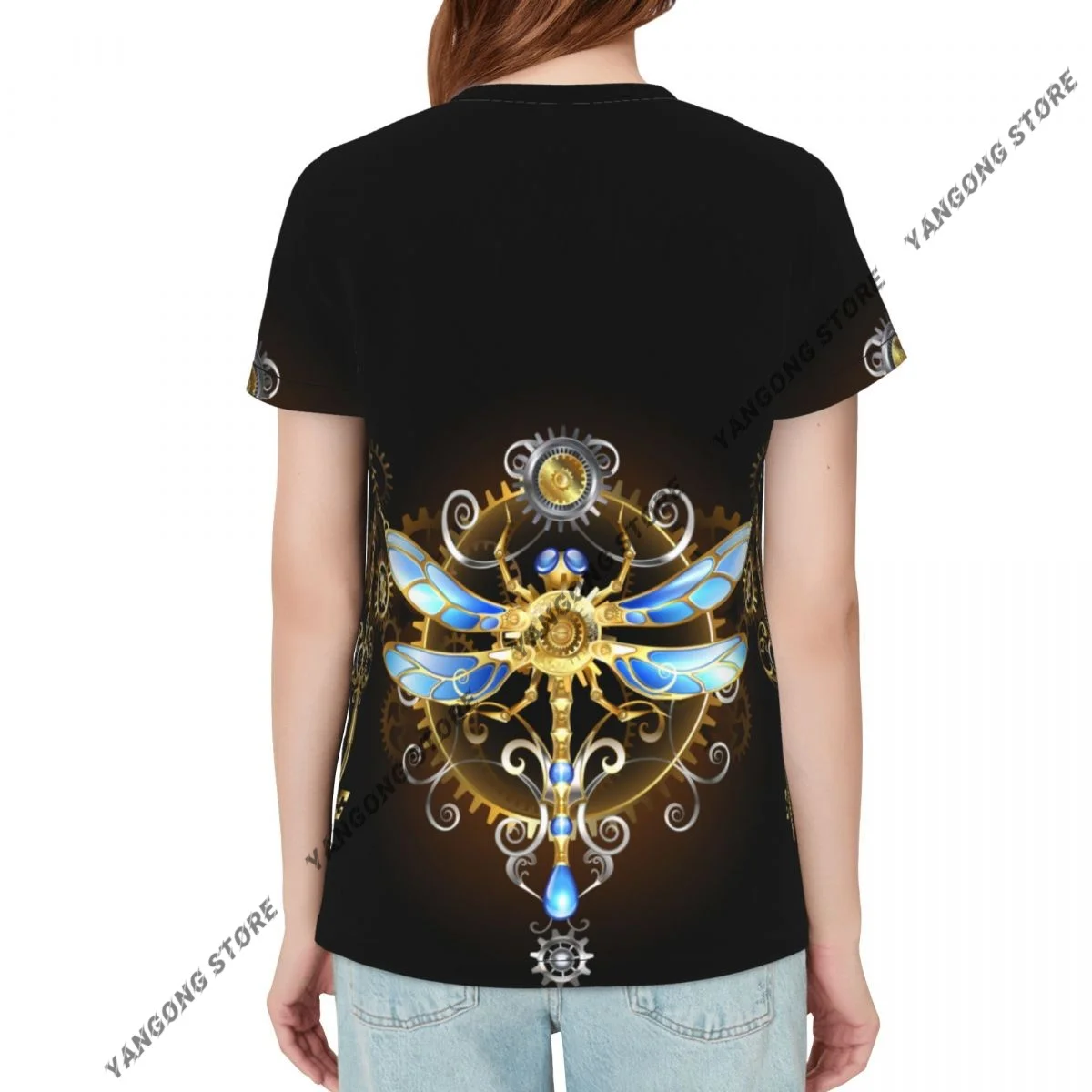 Womens Short Sleeve Golden Gears Keys And Mechanical Dragonfly Casual Tee Clothing Crewneck Woman T-Shirts