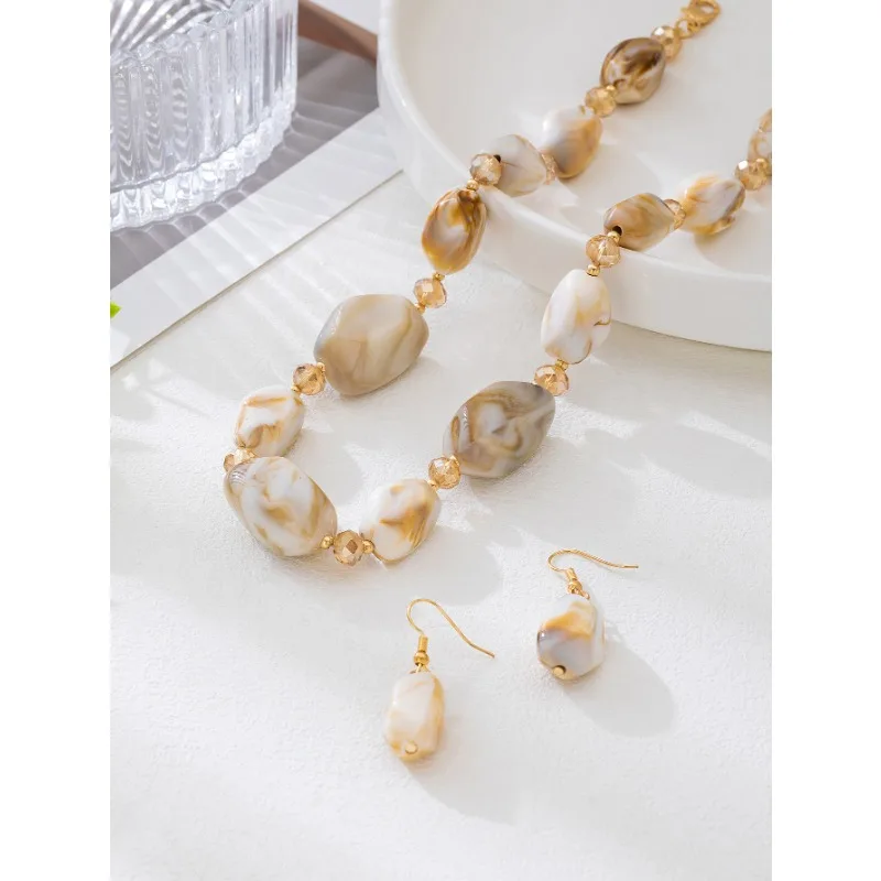 New Fashion Irregular Dyed Acrylic Beads Strand Chain Retro Fishhook Earrings Necklace Jewelry Set Exaggerated Statement Jewelry