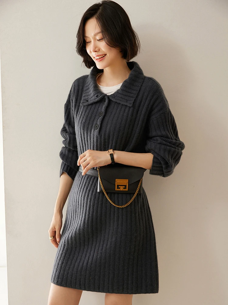 Luxury  Women 100% Cashmere Sweater Dress Long Pullover Turn Down Collar Autumn Winter Thick Cashmere Knitted Dress Heavyweight