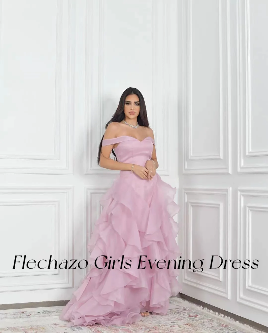 Flechazo Pink Prom Dresses Off spalla pavimento-lunghezza volant abito da sera formale per le donne 2024 abiti para mujer