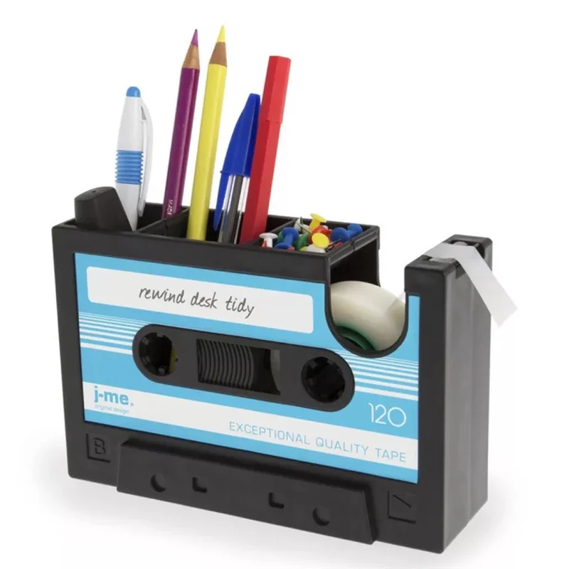 Multifuncional Tape Pen Holder, Pencil Pot Storage Container, Desk Papelaria Organizer, Retro Cassette Dispenser para Escritório e Casa