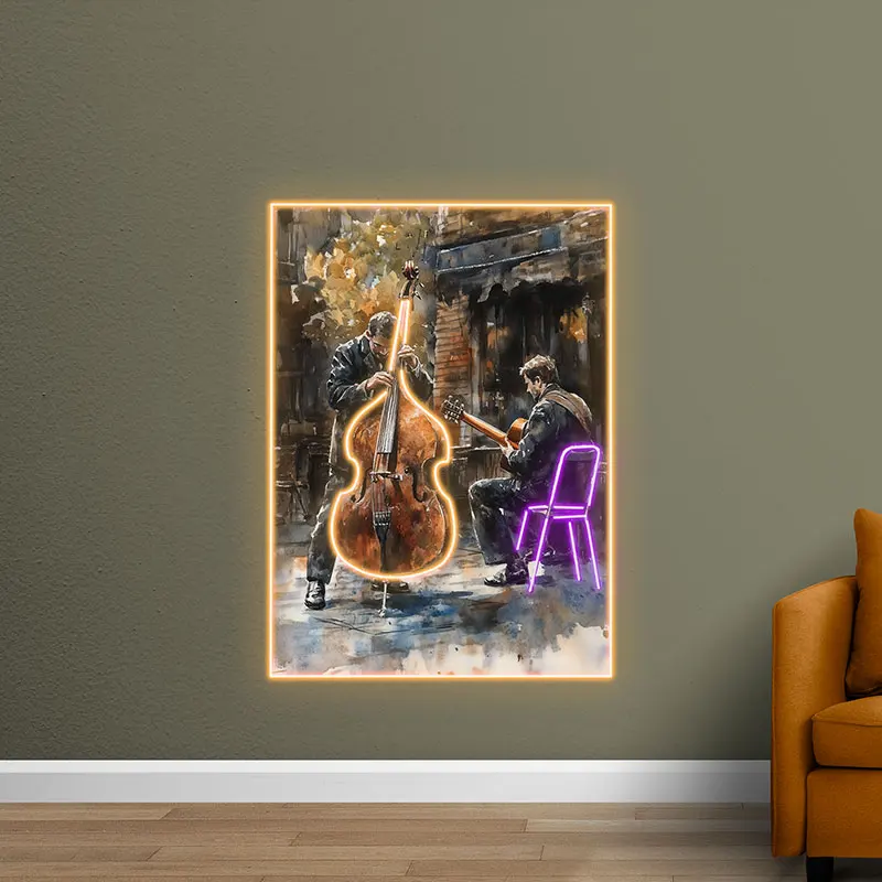 Cello & Guitar Street Ensemble Acrylic Neon Sign, Personalized LED Neon Sign Light, Creative Gift Neon Light For Musician