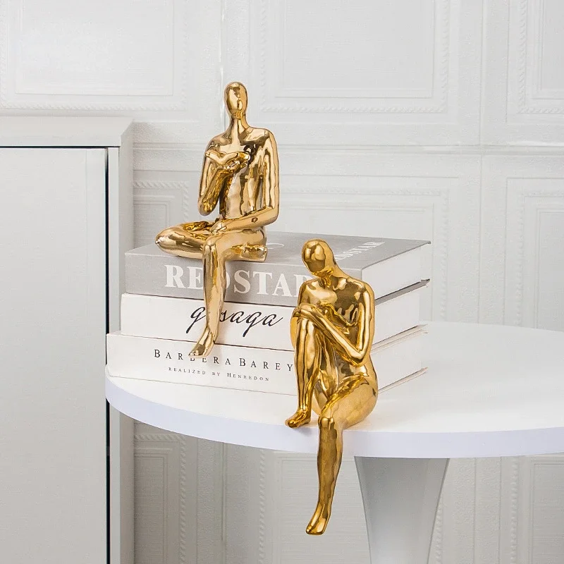 Ceramic Handicraft Golden Man Bookshelf Sculpture Stereo Suspension Decorative Figurines Read Book Man Home Decoration