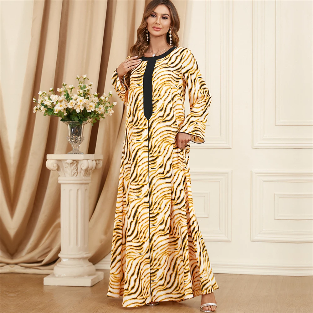 

New Fashion Women Print Maxi Dress Muslim Abaya Dubai Turkey Kaftan Islamic Jalabiya Arabic Robe Eid Mubarak Ramadan Gown Caftan