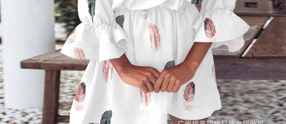 Mulheres sem alças slash neck pena impressão vestido de cintura alta babados sexy mini vestido