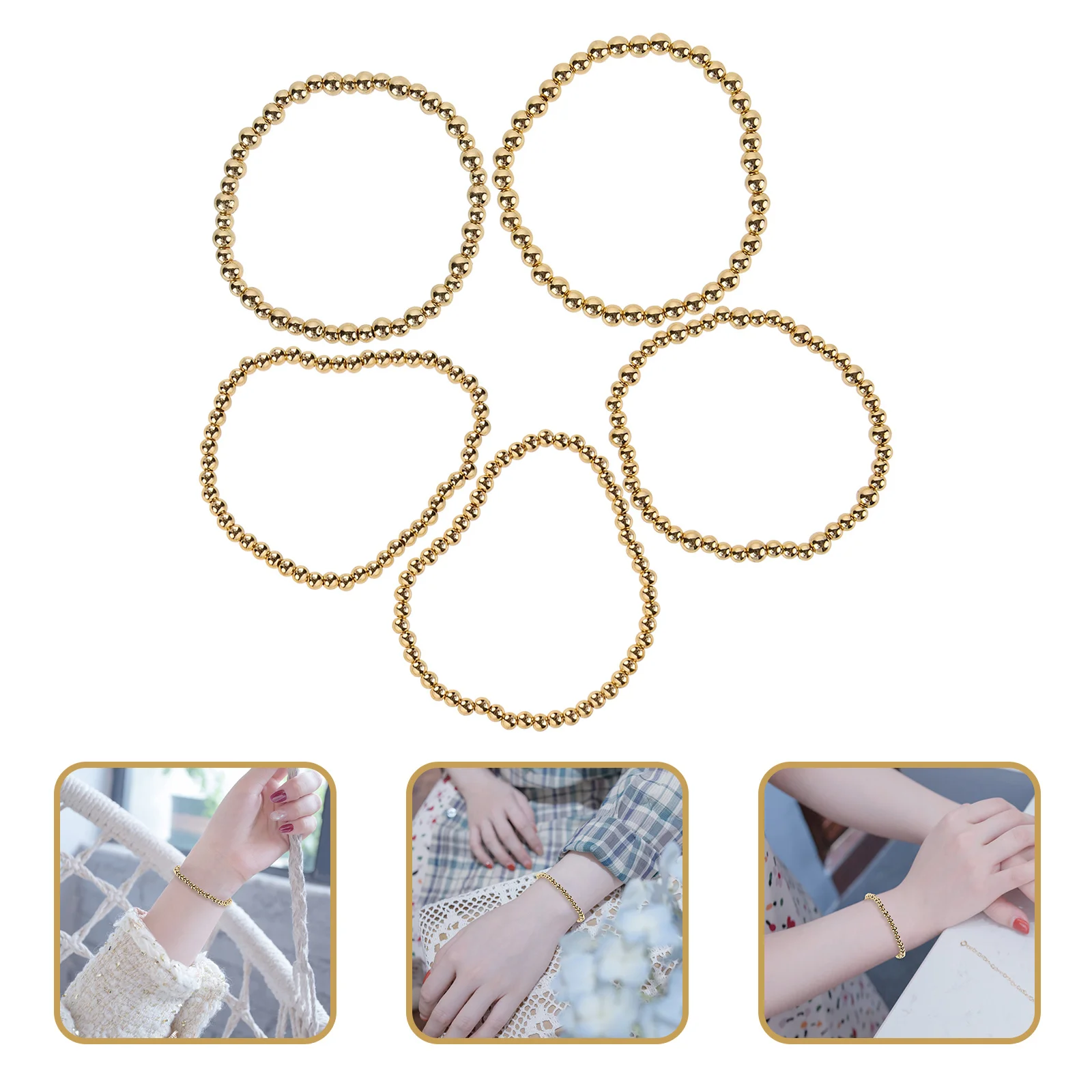 

5Pcs Bead Bracelet Kit Golden Plated Stack Bracelets for Women Elastic Wrist Jewelry Set Stylish and Comfortable Fit for All