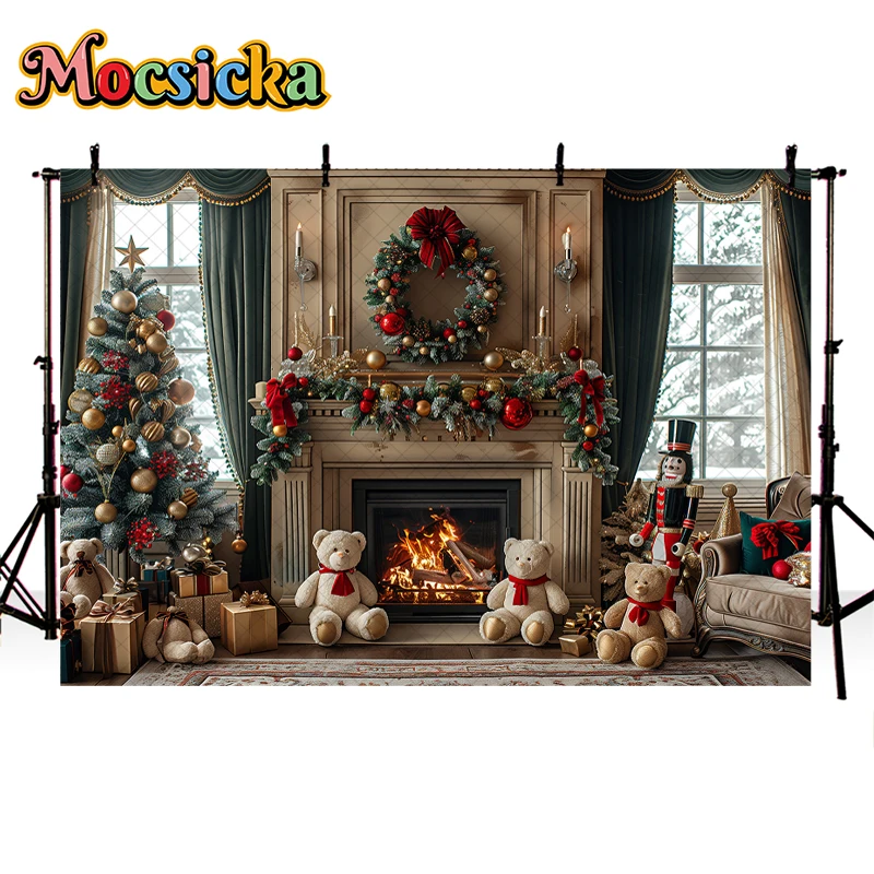 Mocsicka Christmas Fireplace Bear Backdrops Kids Baby Photography Family Photocall Classic Retro Wall Xmas Trees Backgrounds