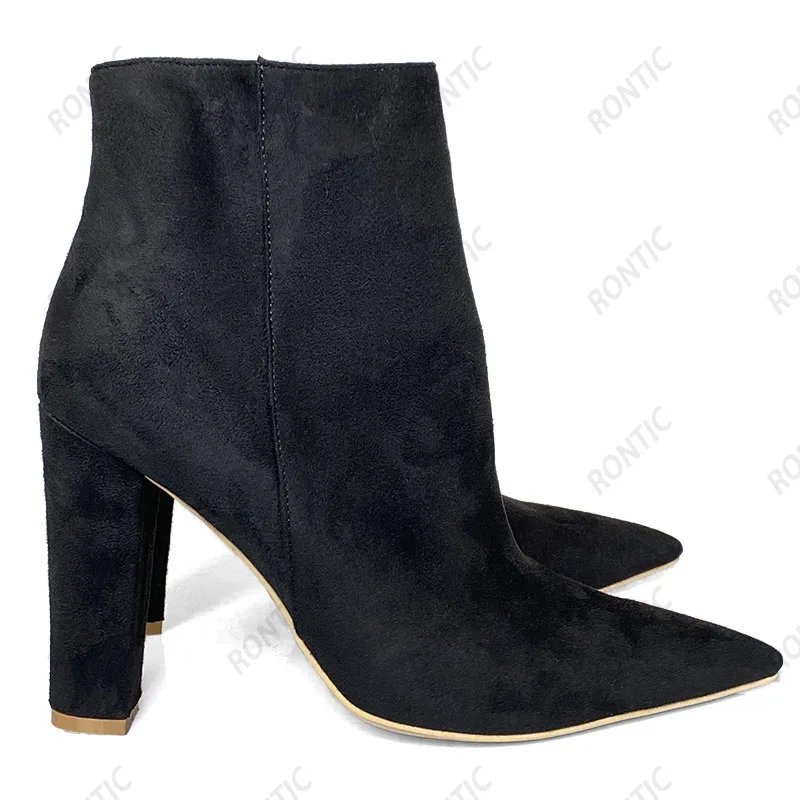Rontic Handmade Women Winter Ankle Boots Faux Suede Zipper Chunky Heeled Pointed Toe Pretty Camel Night Club Shoes US Size 5-15