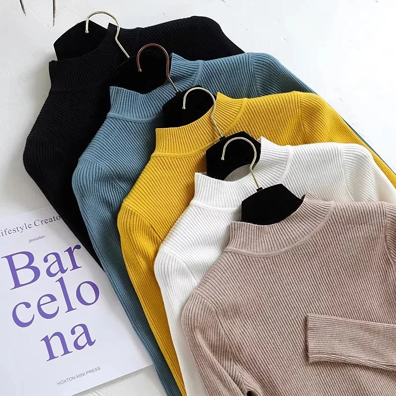 2026 Knitted Women Half High Neck Sweater Pullovers Stand-UP Collar Autumn Winter Basic Women Sweaters Slim Fit Black