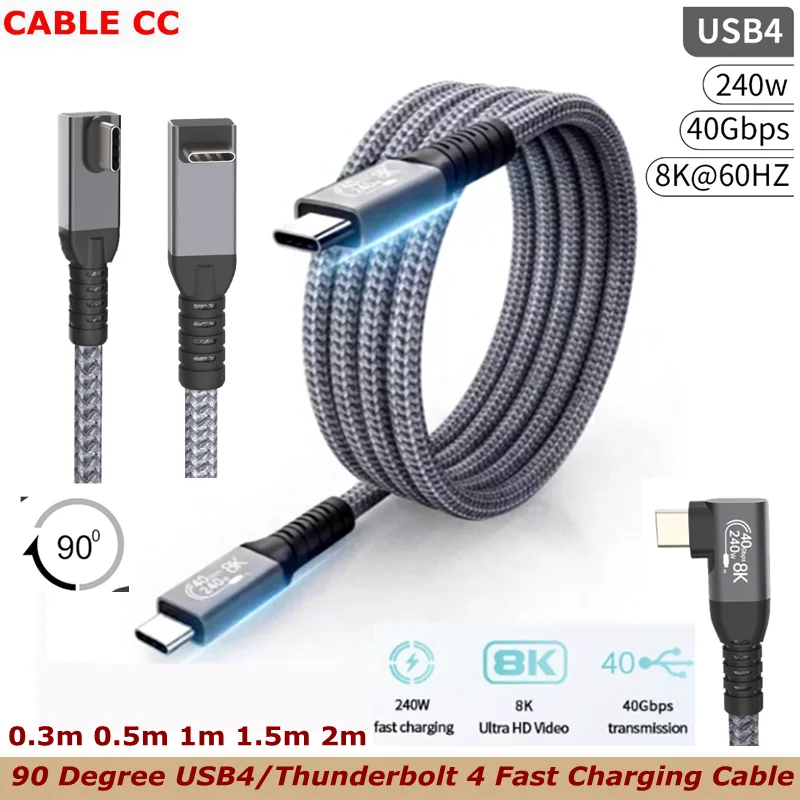USB C to USB C Cable, 90 Degree USB4 Cable, with Thunderbolt 4, 240W Charging, 40 Gbps Data, 8K @ 60Hz HDR,