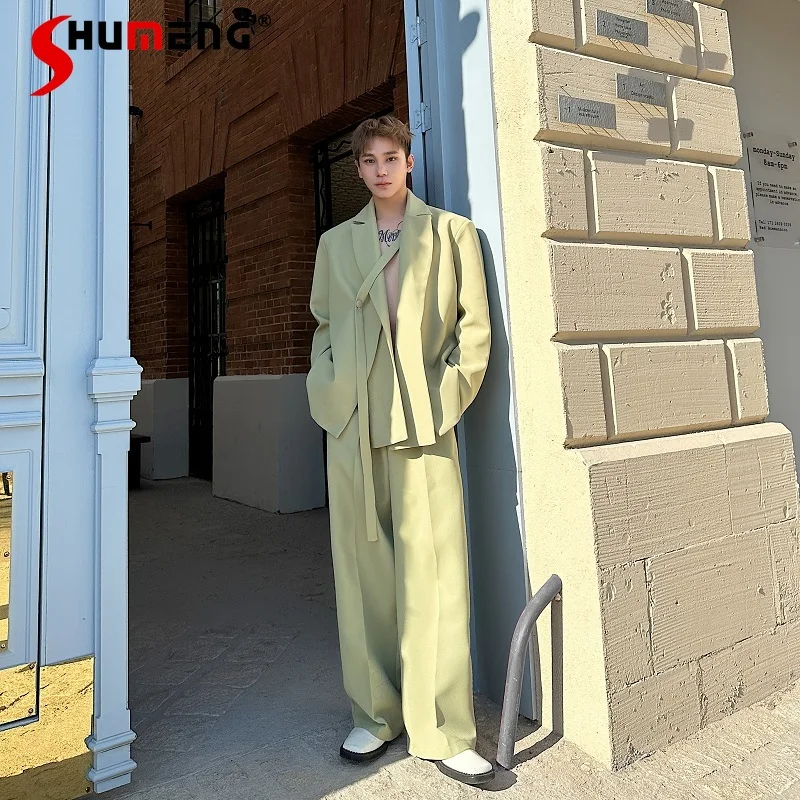 

2025 Spring New 2pcs Double Collar Tie Suit Sets Men Wide-Leg Trousers Pants Sets Handsome High-End Solid Color Two-Piece Sets