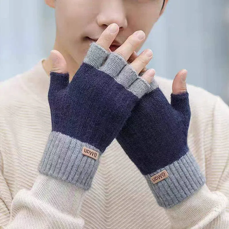 New Color Blocked Half Finger Gloves for Men in Autumn and Winter To Keep Warm and Add Thick Woolen Yarn