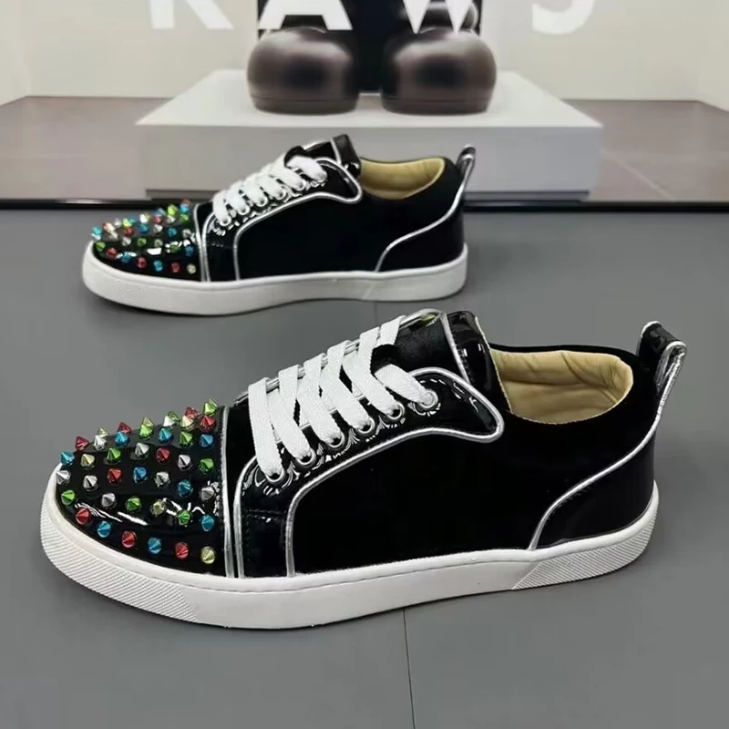 men luxury fashion rivets shoes lace up original leather flats shoe party nightclub dress black trendy sneakers youth footwear