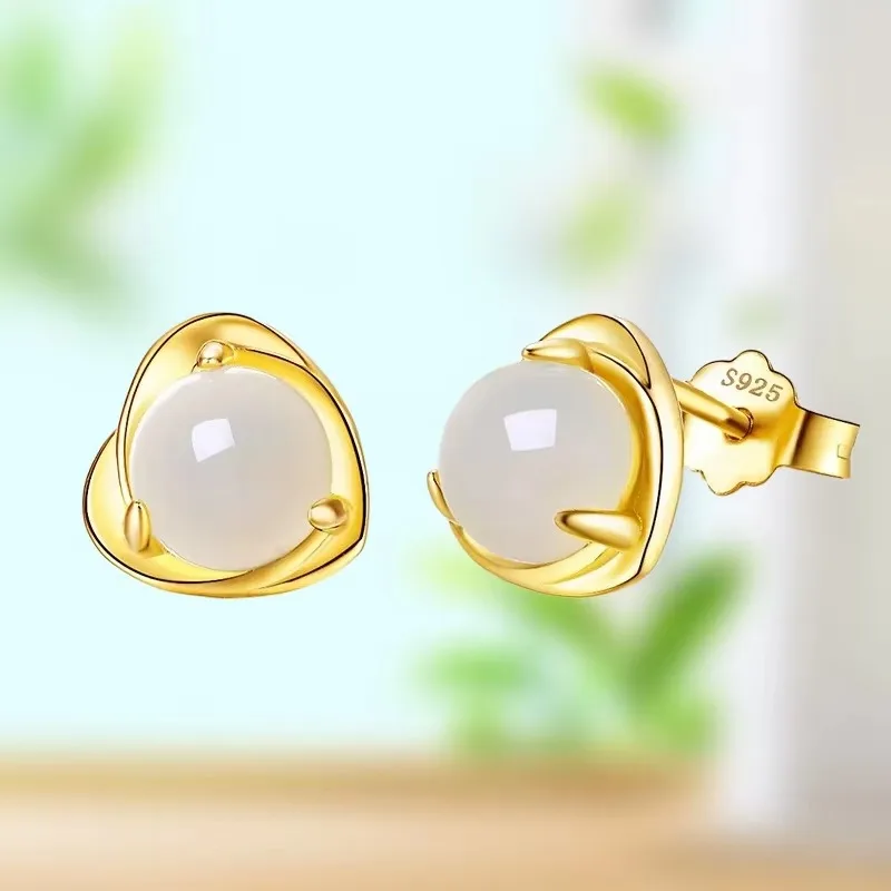 Chinese Natural White Jade Hand-carved 925 Silver Inlaid Bead Jade Ear-nail Fashionable Elegant Lady Ear-nail Earrings