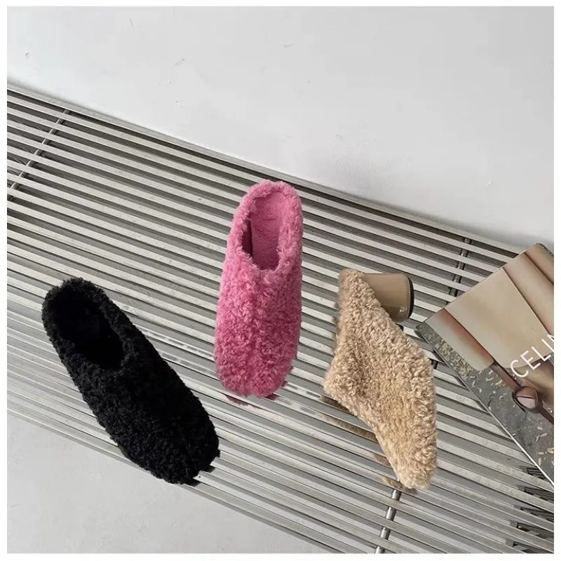 Fur Lambswool Heeled Slippers Woman Luxury Solid Color Horse Hair Round Toe Covered Toe Shoes Woman Designer Brand Casual Shoes