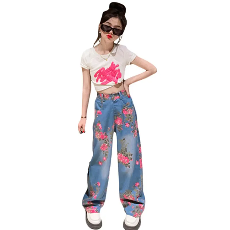 

Summer England Style Kids Top Tees Suit Girls T-Shirt + Floral Pants Set Flowers Printed Children 2 Pieces Clothing For 4-14 Yrs