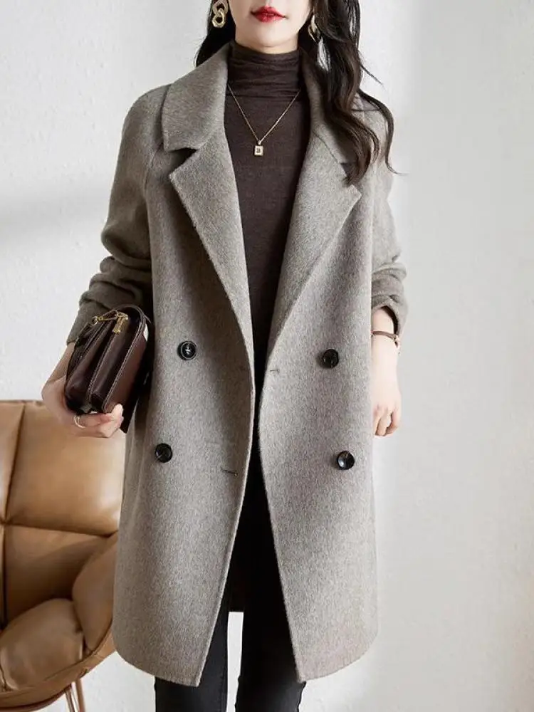 

Korean Fashion Autumn Winter Solid Long Sleeved Holiday Woolen Cotton Jacket Women's Elegant Double Breasted Oversized Coat Tops