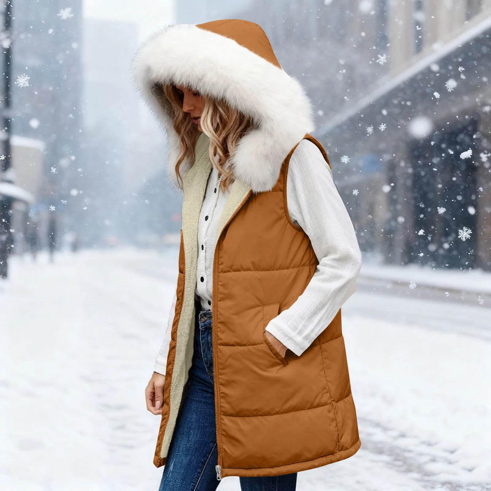 Women's Mid Long Vest Solid Color Sleeveless Hood Outerwear Fall/Winter Vest Outwear Jacket Lightweight Warm Vest Coat