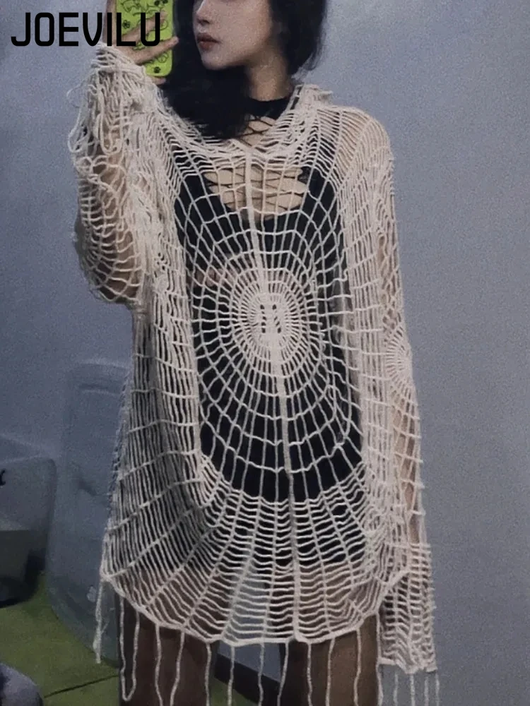 JOEVILU atasan rajut bertudung wanita, sweater Web Goth Spider modis Korea, blus jaring ikan Babes Mesh pullover