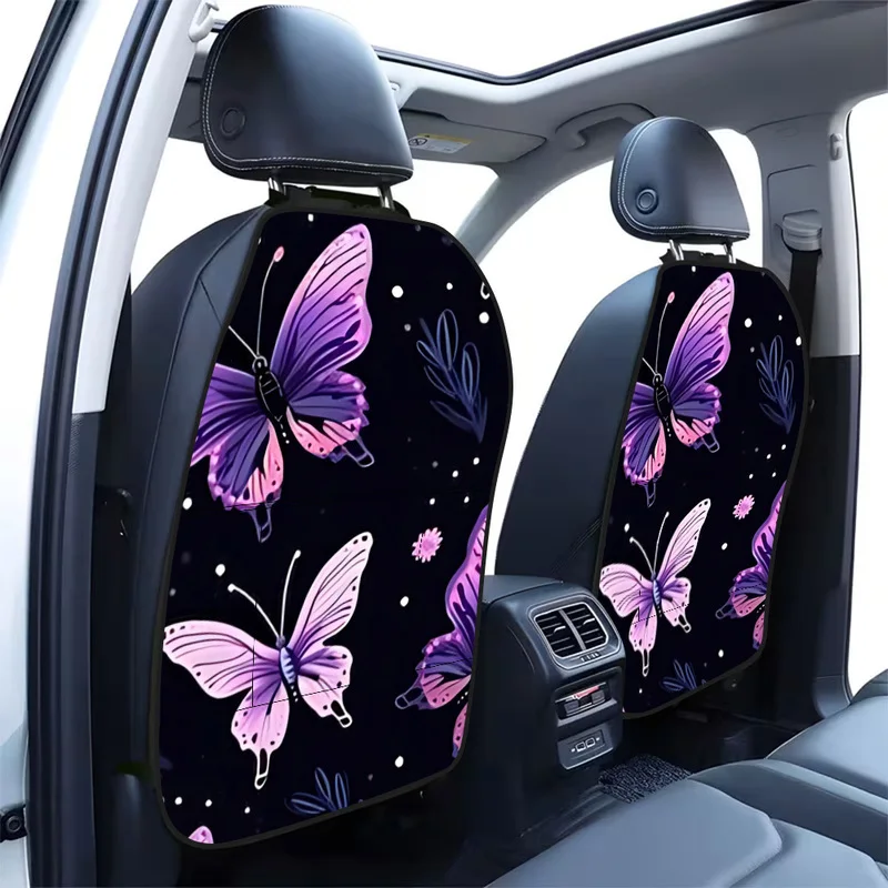 Car Seat Back Covers With Storage Pockets, Purple Pink Butterfly Print, Stylish Car Interior Decor For Women