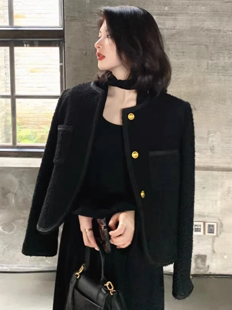 

Bla Gold Tweed ort Coat Women's Faion Spring Autumn Tailored Fit round Ne Button up Pure Color Commute Sle Jaet