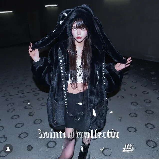 Harajuku Style Rabbit Ear Faux Fur Jacket Medium Length Winter Coat Punk Subculture Japanese Style Women's Short Outerwear