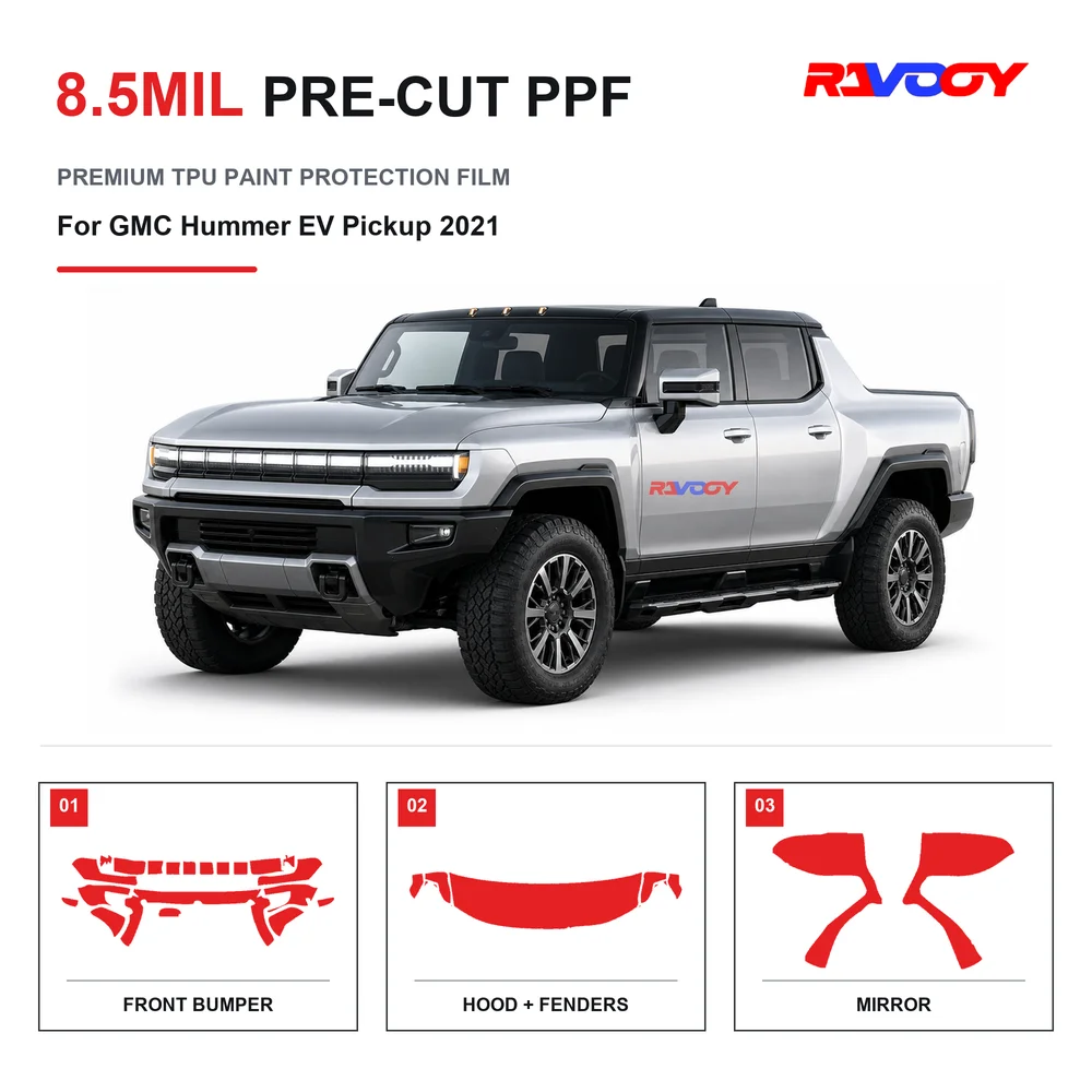 Film de protection de peinture transparent en TPU 8,5 mil, prédécoupé pour GMC Hummer EV Pickup 2021, auto-réparant, hydrophobe, protection contre les éclats de pierre et les UV